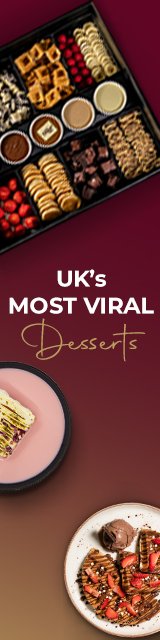 Vertical promotional banner showcasing the UK's 'Most Viral Desserts.' The banner features vibrant images of various desserts, including a tray with waffles, cookies, strawberries, chocolates, and dips at the top. At the bottom, there are plates of decade